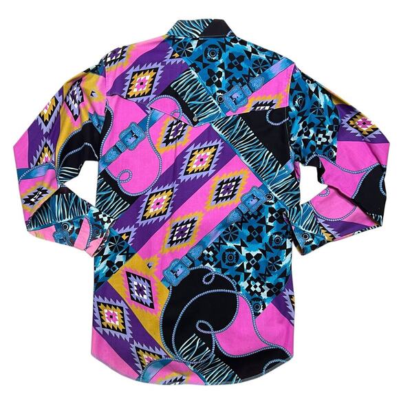 Vintage 80s Wrangler Cowboy Cut RARE COLOR PATTERN Western Shirt - 15 1/2 - 33 - Picture 3 of 6